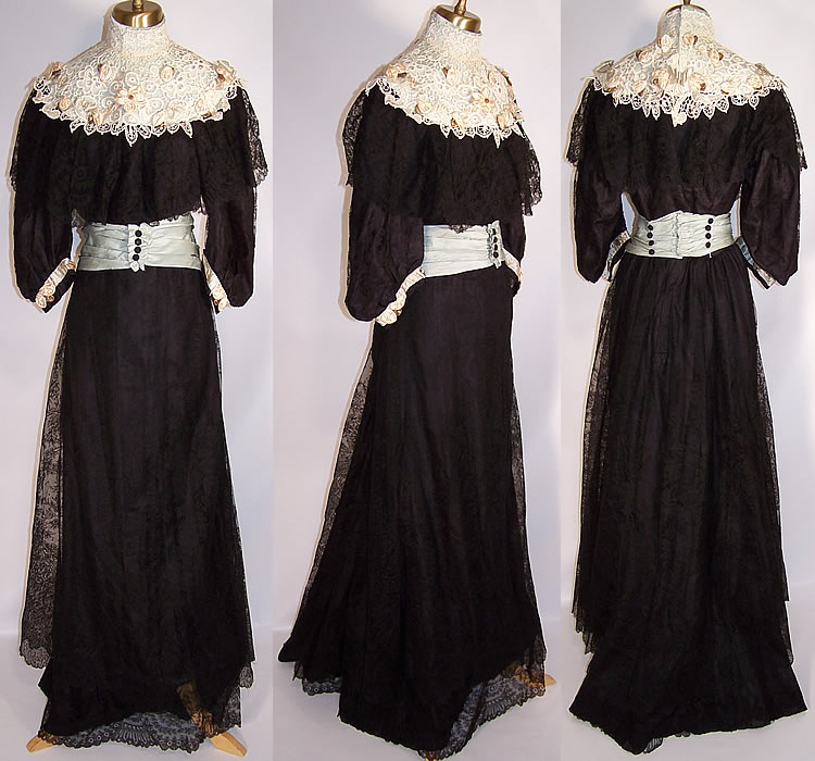 Victorian Black Chantilly & White Lace Rosette Ball Gown Dress Bodice Skirt