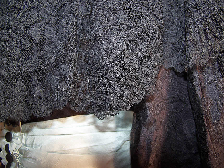Victorian Black Chantilly & White Lace Rosette Ball Gown Dress Bodice Skirt close up.