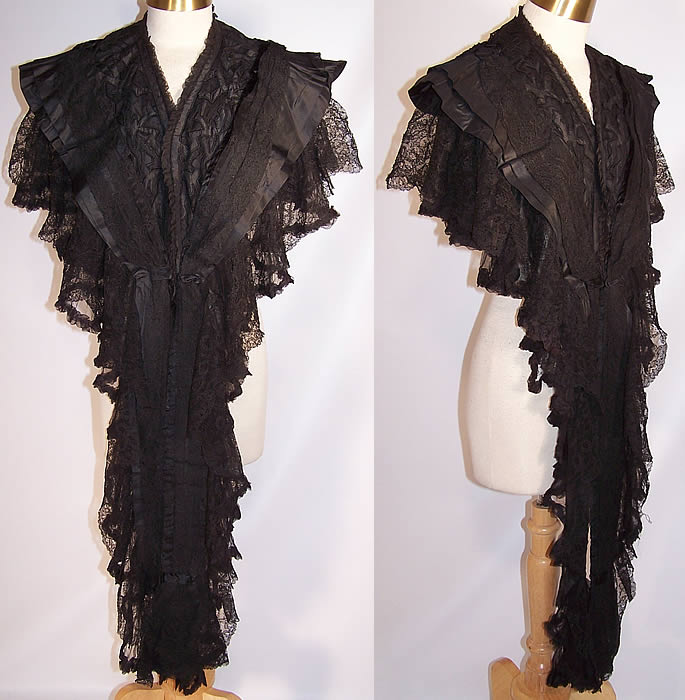 Au Louvre Paris Label Victorian Black Chantilly Lace Silk Applique Lappet Cape Stole front & side views