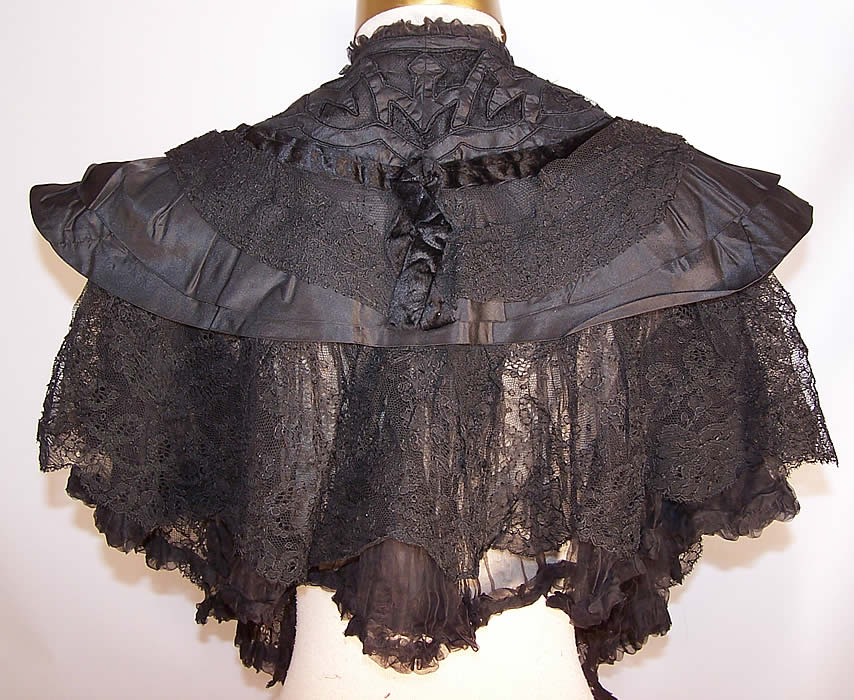 Au Louvre Paris Label Victorian Black Chantilly Lace Silk Applique Lappet Cape Stole back view.