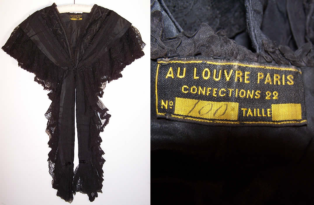 Au Louvre Paris Label Victorian Black Chantilly Lace Silk Applique Lappet Cape Stole & label