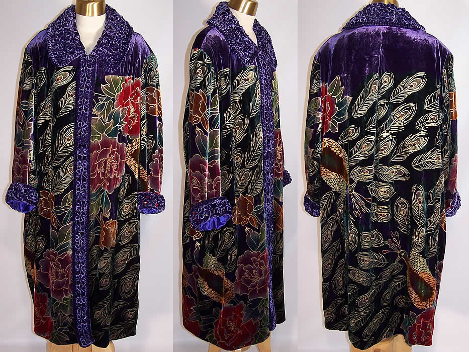 Vintage Artistic Peacock Painted Purple Velvet Robe Coat