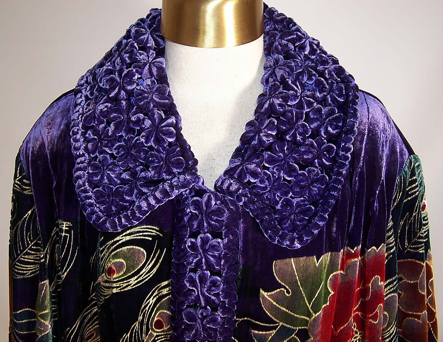 Vintage Artistic Peacock Painted Purple Velvet Robe Coat