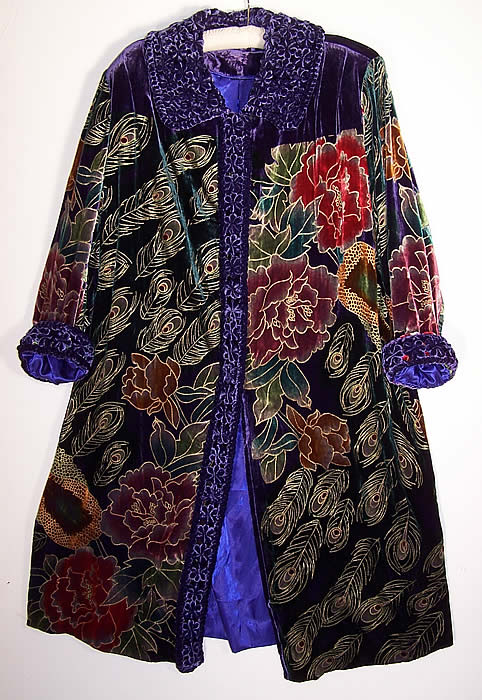 Vintage Artistic Peacock Painted Purple Velvet Robe Coat