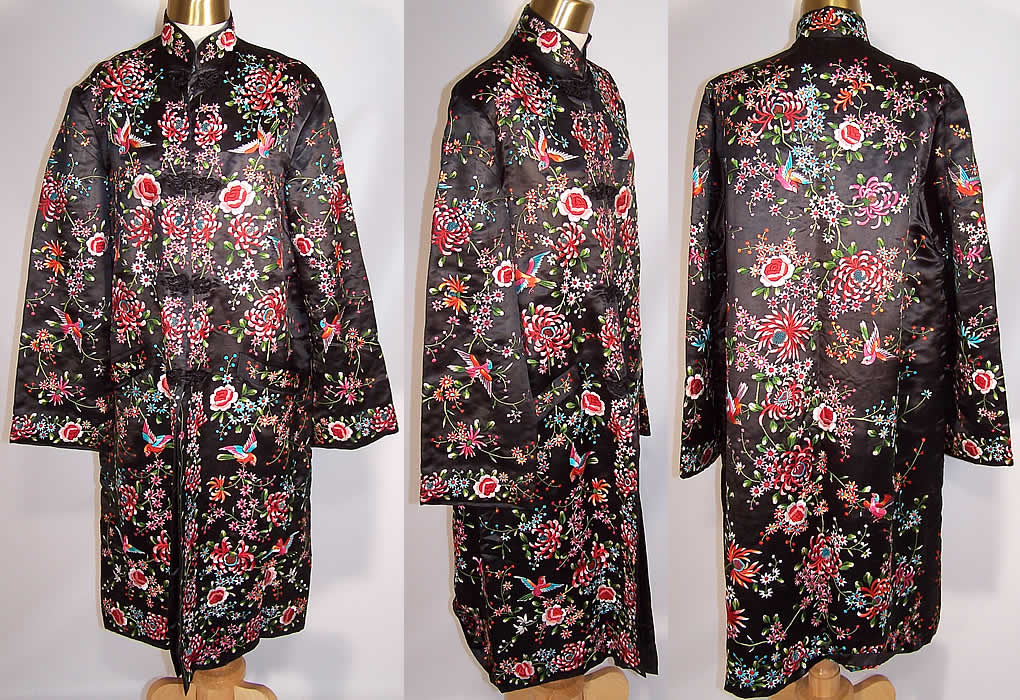 Vintage Plum Blossoms Chinese Black Silk Embroidered Floral Bird Coat