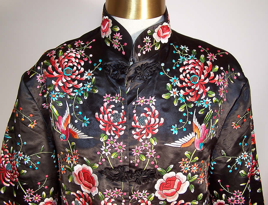 Vintage Plum Blossoms Chinese Black Silk Embroidered Floral Bird Coat