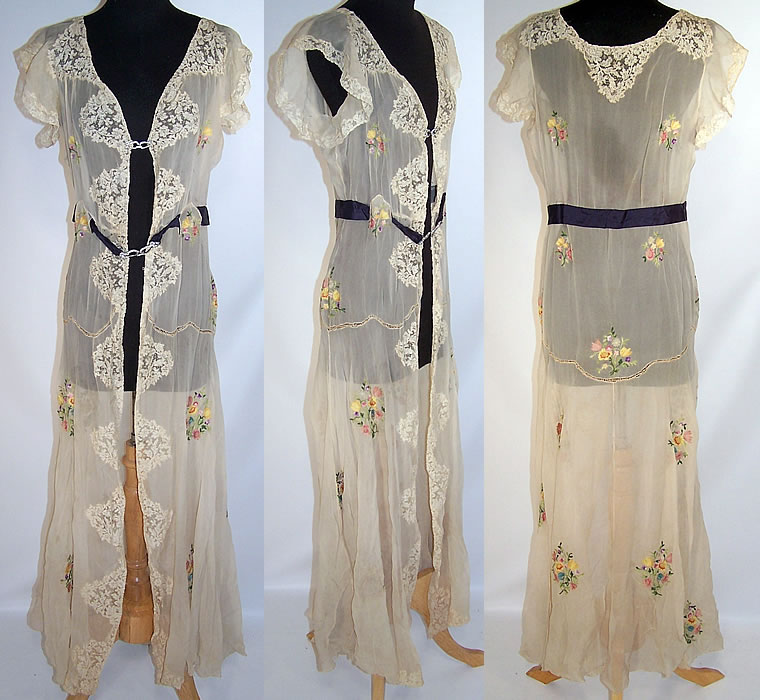 Vintage Silk Chiffon Lace Chain Stitch Embroidery Negligee Peignoir Robe Dressing Gown