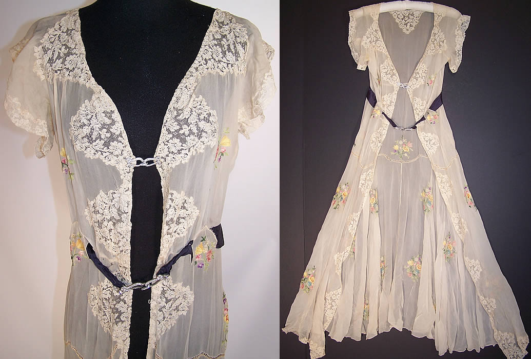 Vintage Silk Chiffon Lace Chain Stitch Embroidery Negligee Peignoir Robe Dressing Gown