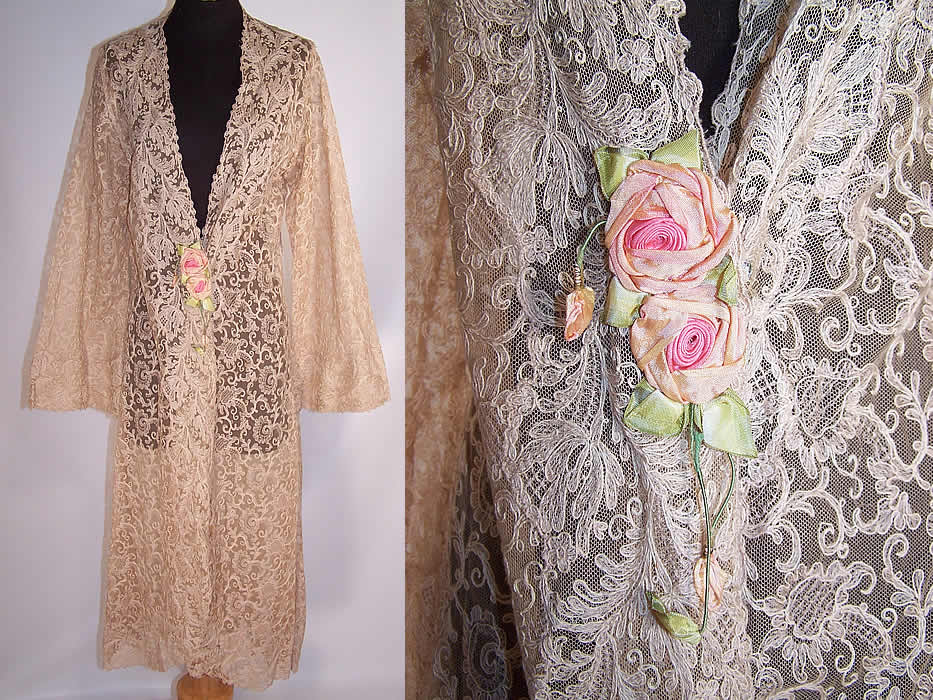 Vintage Tambour Embroidery Lace Rosette Negligee Peignoir Robe Dressing Gown