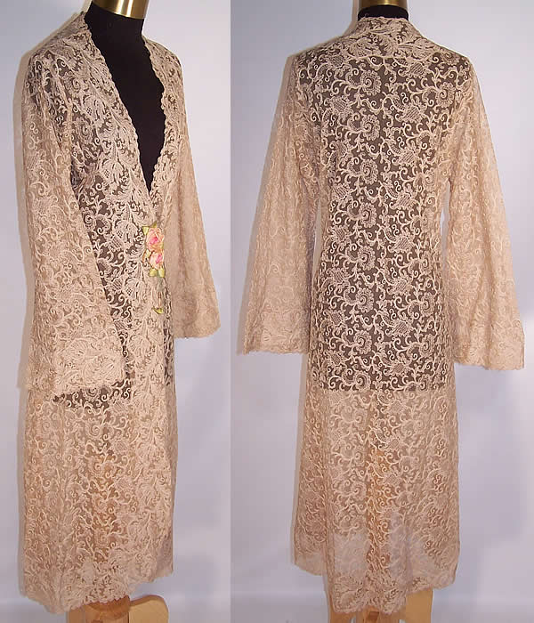 Vintage Tambour Embroidery Lace Rosette Negligee Peignoir Robe Dressing Gown