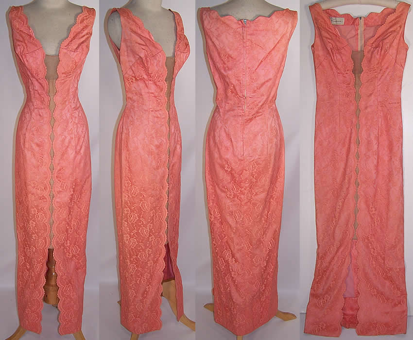 Vintage Emeson's Coral Pink Lace Wiggle Sheath Gown Cocktail Dress