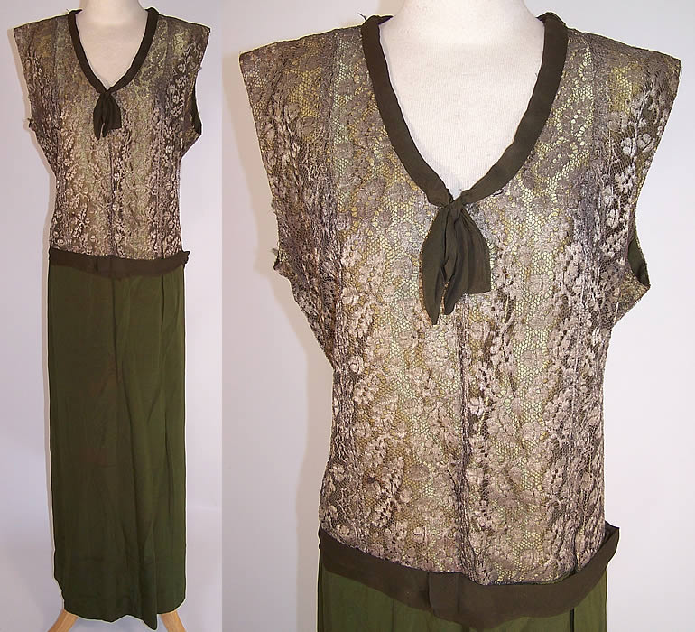 Vintage Acorn Silver Metallic Lace Gold Lam&eacute; Green Silk Drop Waist Dress front view and close up