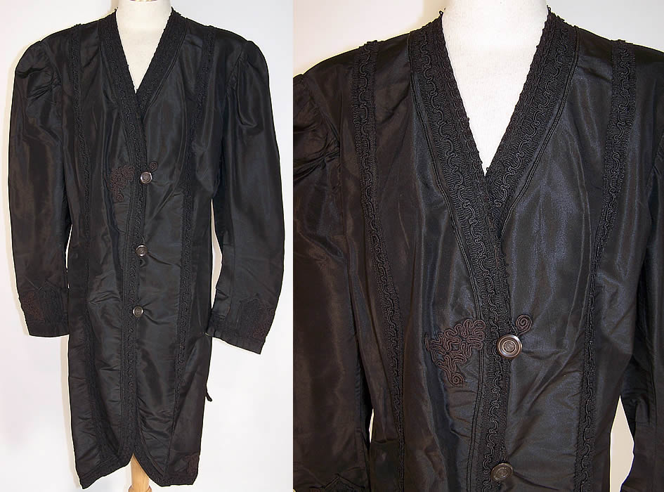 Edwardian Black Silk Taffeta Soutache Trim Walking Suit Jacket front view and close up.