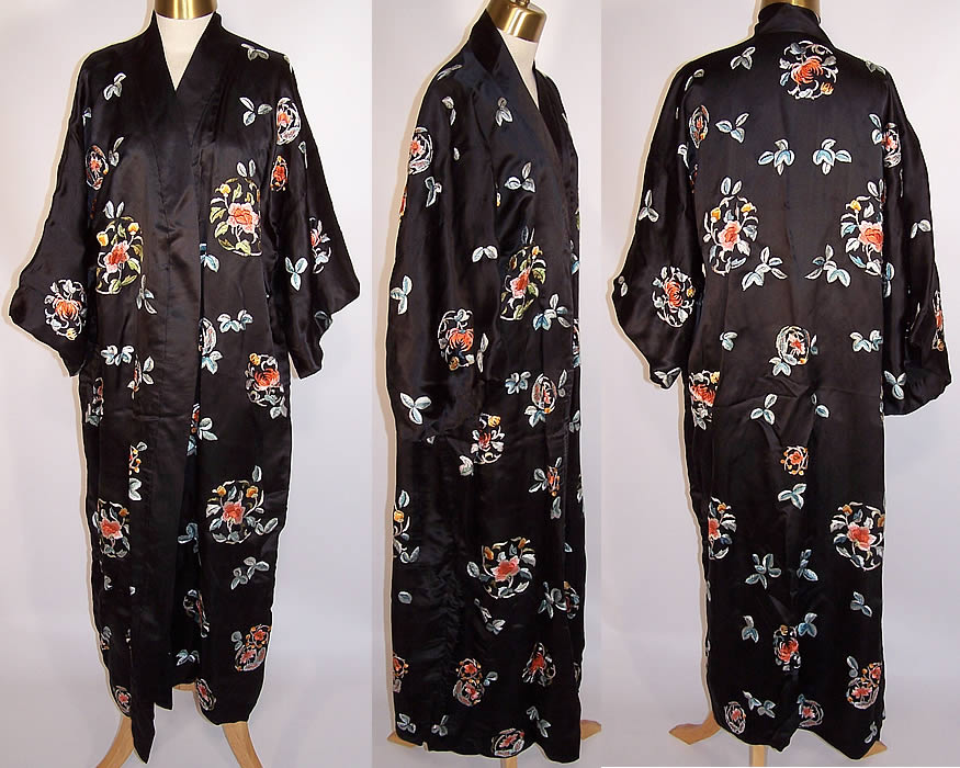 Vintage Chinese Black Silk Hand Embroidered Floral Four Seasons Robe Coat