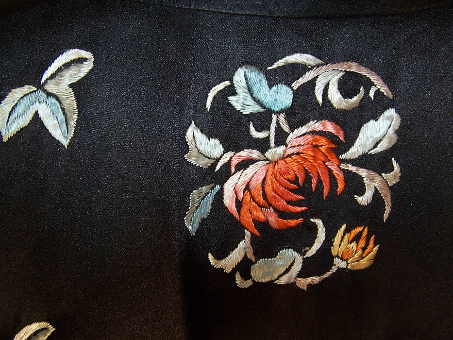 Vintage Chinese Black Silk Hand Embroidered Floral Four Seasons Robe Coat close up