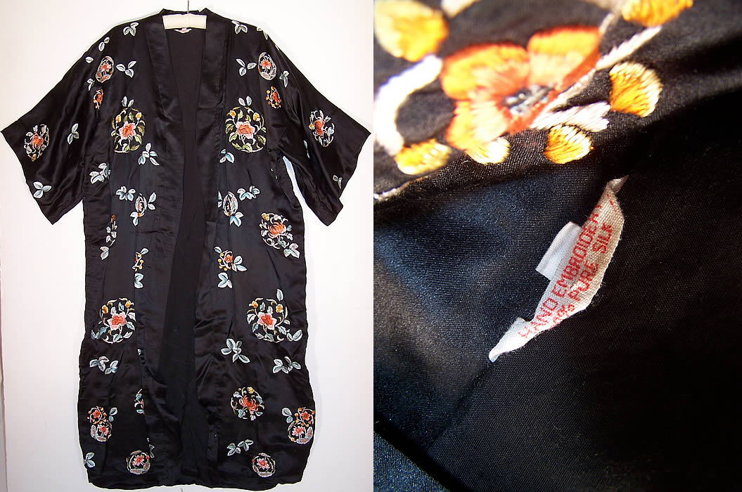 Vintage Chinese Black Silk Hand Embroidered Floral Four Seasons Robe Coat & label close up