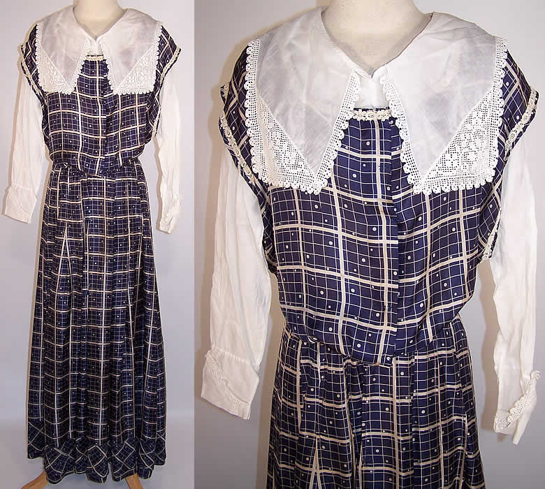 Edwardian Blue & White Plaid Silk Polka Dot Dress White Lace Blouse Top Skirt front view and close up