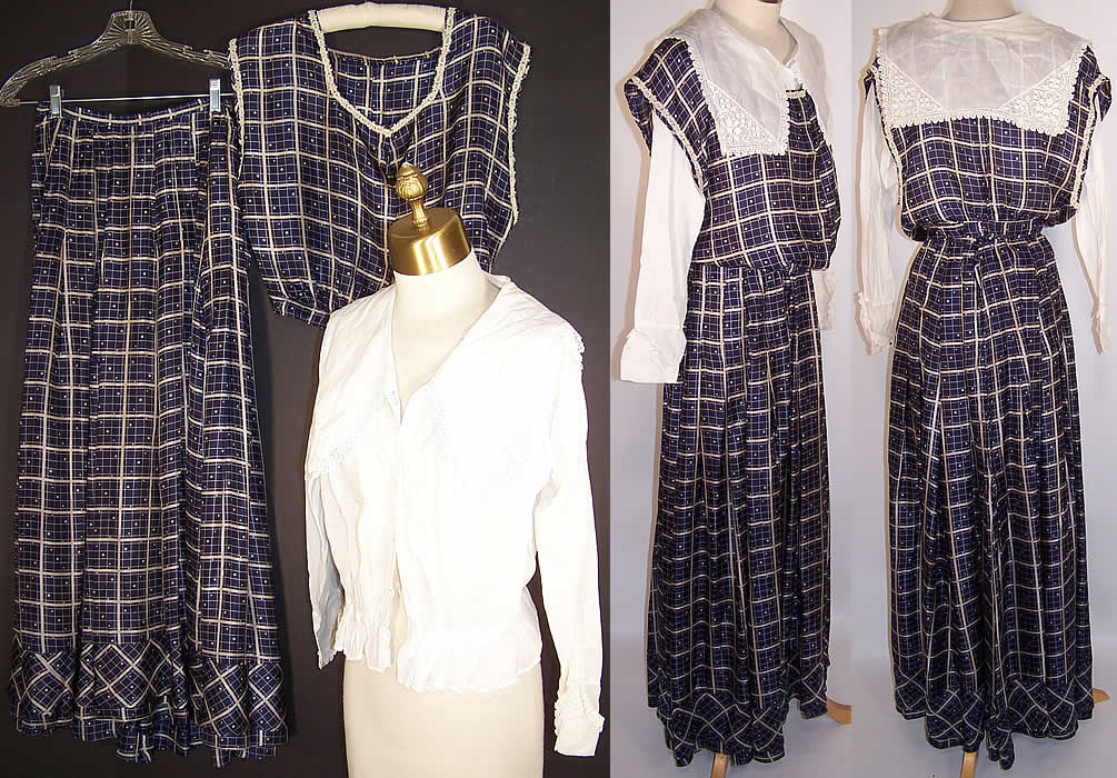 Edwardian Blue & White Plaid Silk Polka Dot Dress White Lace Blouse Top Skirt