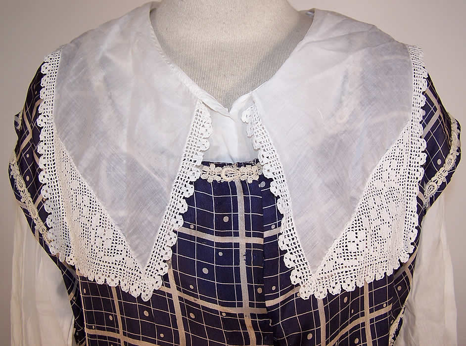 Edwardian Blue & White Plaid Silk Polka Dot Dress White Lace Blouse Top Skirt close up