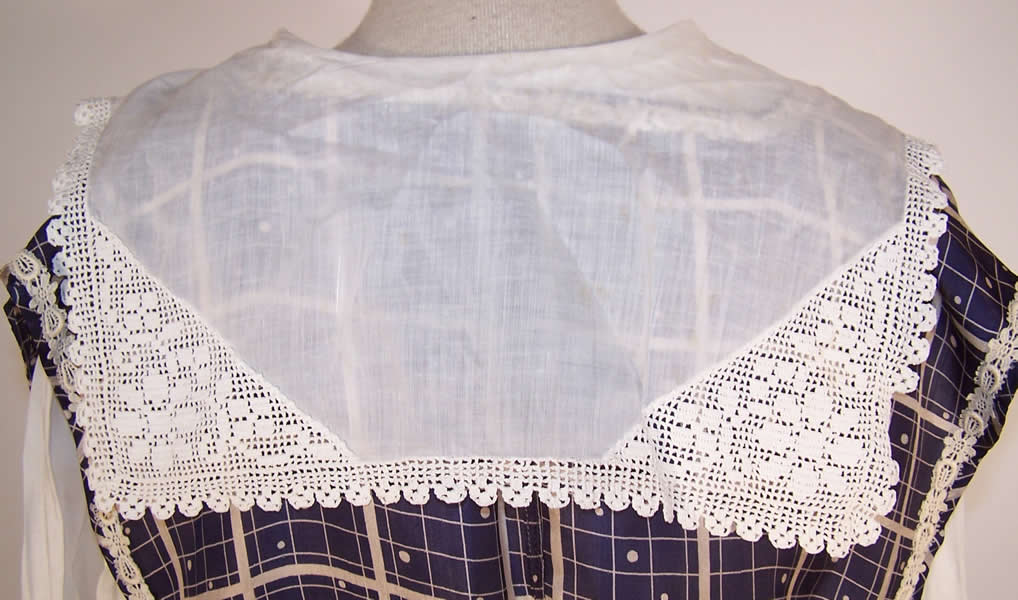 Edwardian Blue & White Plaid Silk Polka Dot Dress White Lace Blouse Top Skirt back close up.