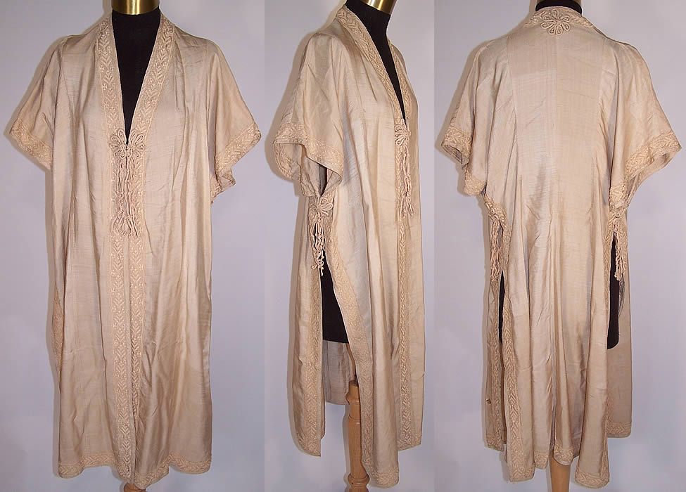 Edwardian Ecru Raw Silk Tassel Lace Duster Coat Robe Jacket Overdress