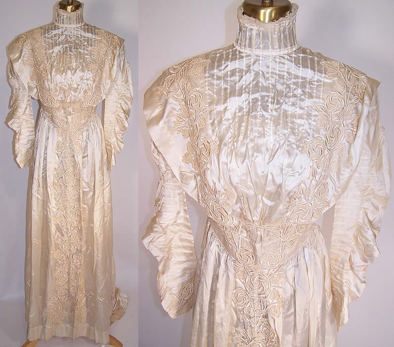 Victorian Cream Silk Floral Lace Applique Wedding Gown Dress Skirt Train front view & close up.
