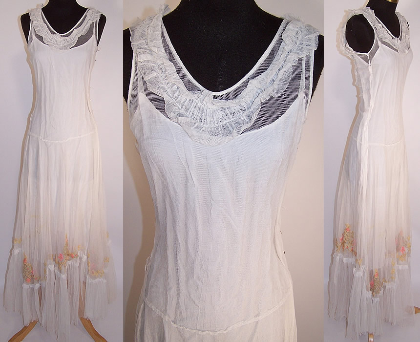 Vintage White Net Pastel Yarn Embroidered Ruffle Dress Gown & Slip front, front close up & side vies