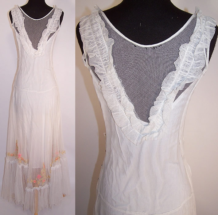 Vintage White Net Pastel Yarn Embroidered Ruffle Dress Gown & Slip back view and back view close up