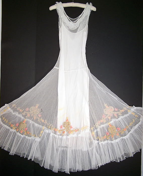 Vintage White Net Pastel Yarn Embroidered Ruffle Dress Gown & Slip