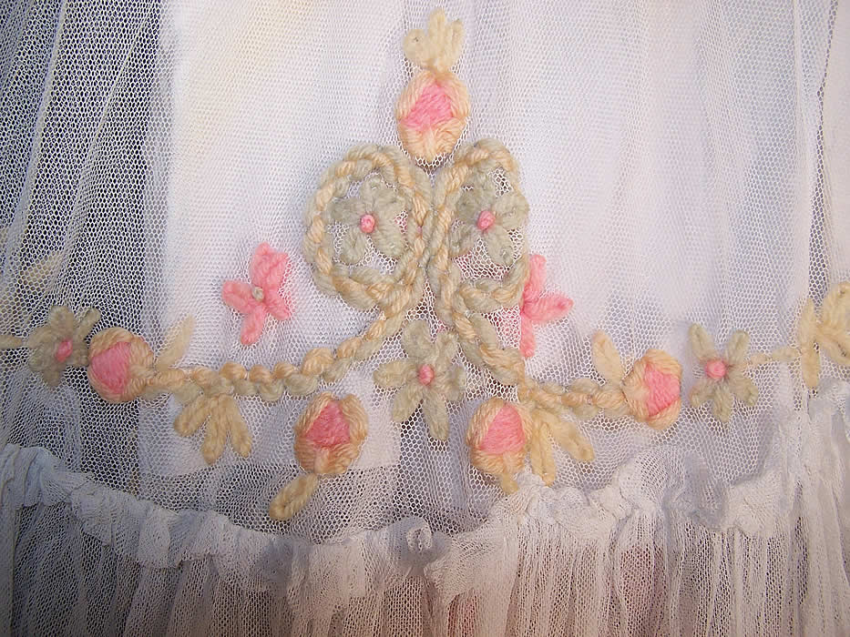 Vintage White Net Pastel Yarn Embroidered Ruffle Dress Gown & Slip very close up.
