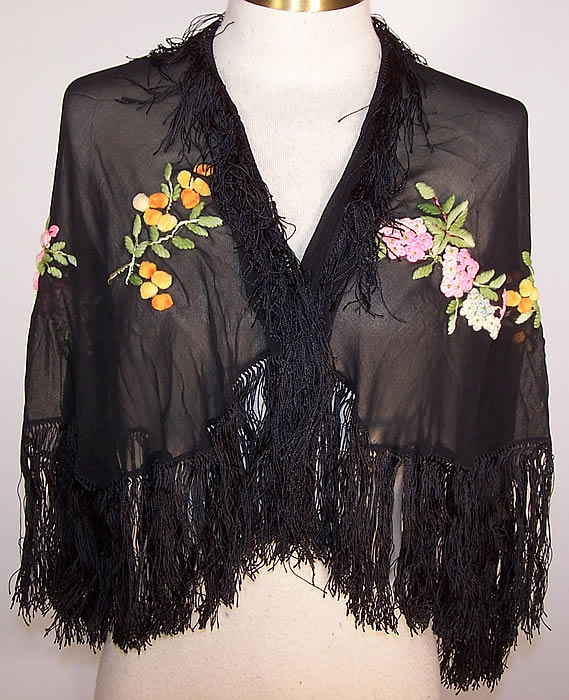 Vintage Black Silk Chiffon Pastel Yarn Embroidered Floral Fringe Shawl Cape