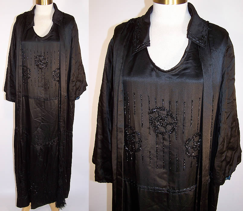 Vintage Art Deco Black Silk Floral Wheel Design Beaded Flapper Dress front views
