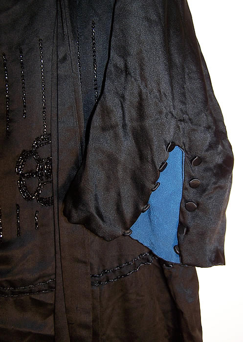 Vintage Art Deco Black Silk Floral Wheel Design Beaded Flapper Dress sleeve