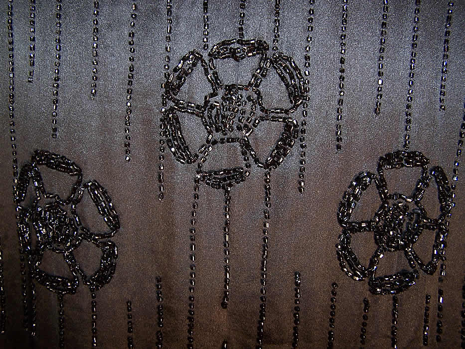  Vintage Art Deco Black Silk Floral Wheel Design Beaded Flapper Dress  close up.