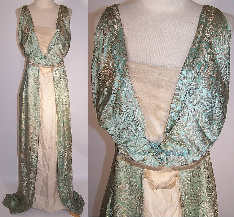 Edwardian Titanic Green Silk Silver Lam&eacute; Brocade Grecian Gown Dress front views