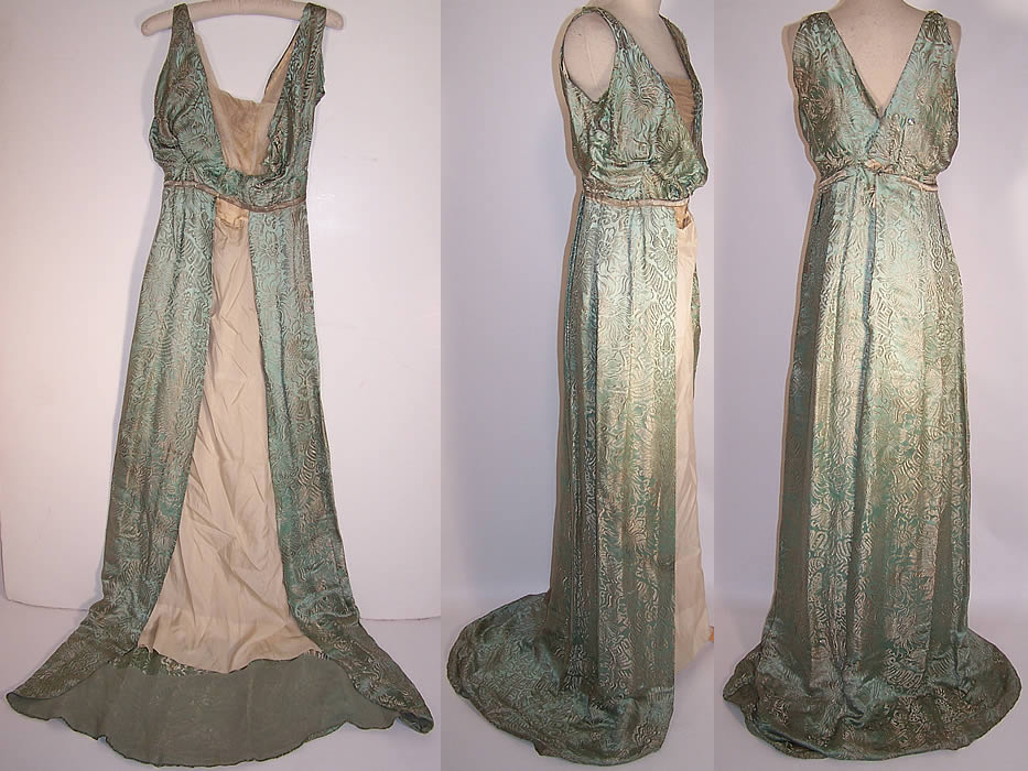 Edwardian Titanic Green Silk Silver Lam&eacute; Brocade Grecian Gown Dress