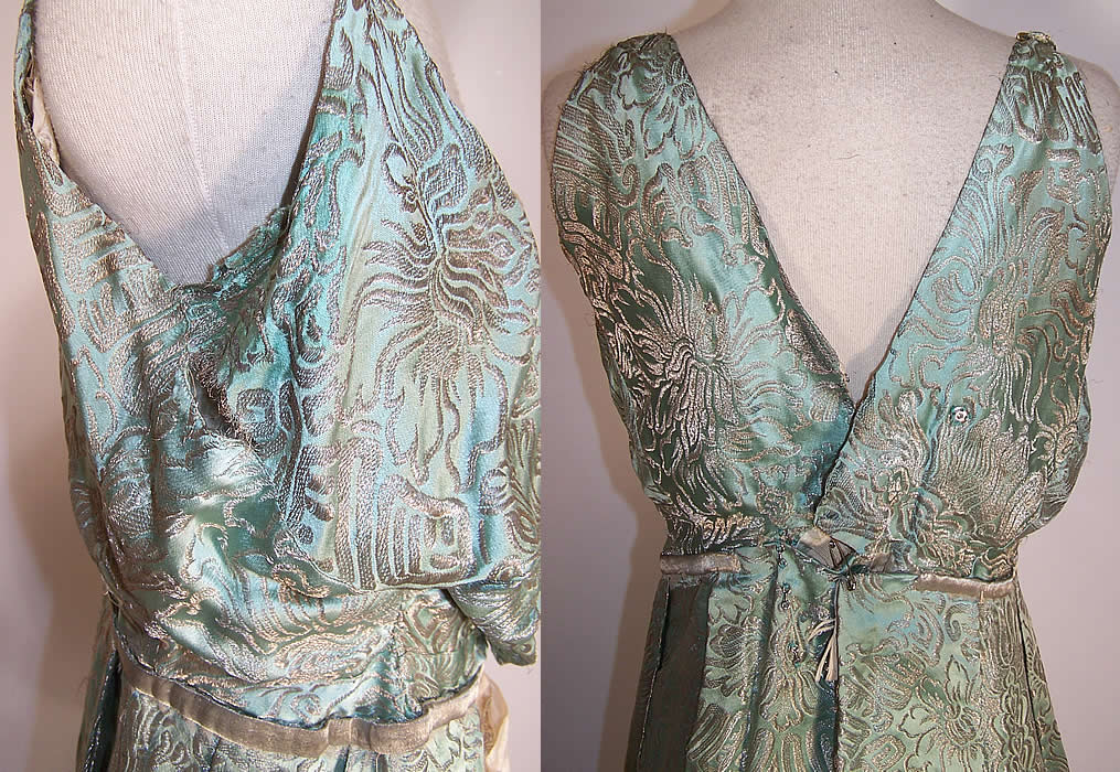 Edwardian Titanic Green Silk Silver Lam&eacute; Brocade Grecian Gown Dress a few frays along the shoulder straps and under the arm seam close up
