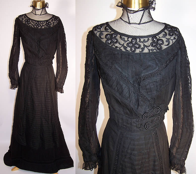 Victorian Sheer Black Weave Pleated Mourning Gown Dress Bodice Skirt Train front views
