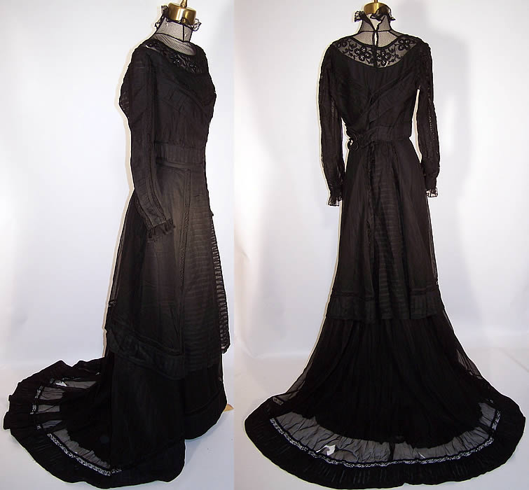 Victorian Sheer Black Weave Pleated Mourning Gown Dress Bodice Skirt Train side & back views