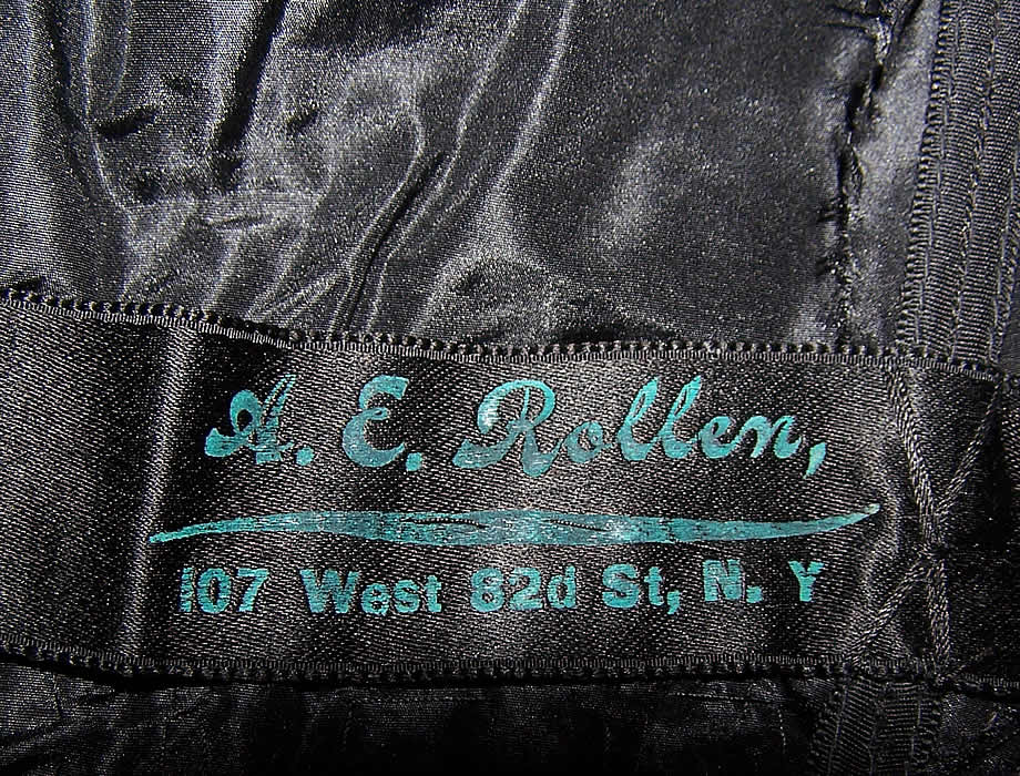  Victorian Sheer Black Weave Pleated Mourning Gown Dress Bodice Skirt Train label close up.