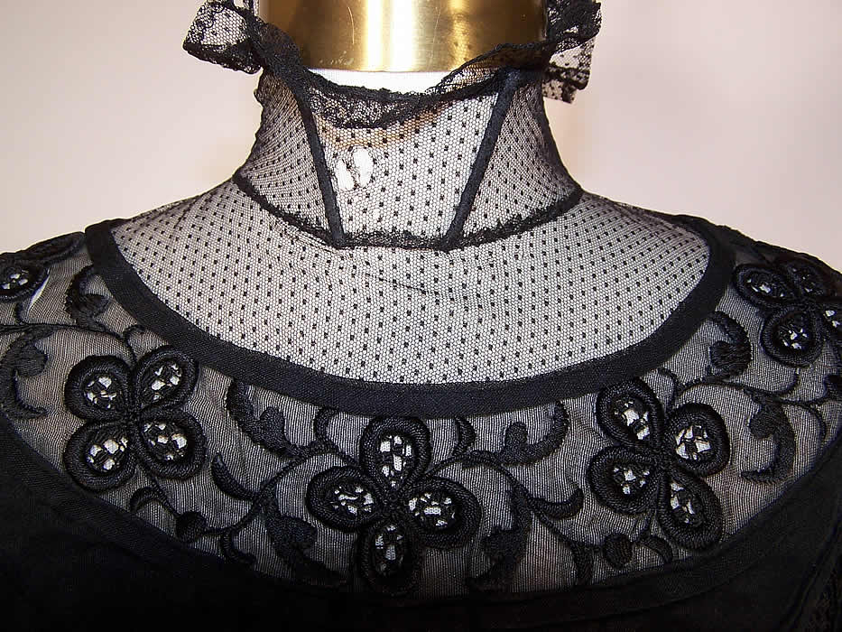 Victorian Sheer Black Weave Pleated Mourning Gown Dress Bodice Skirt Train a few small holes in the net yoke close up.