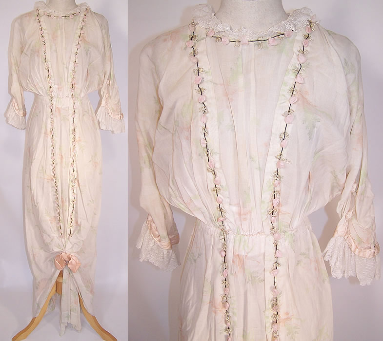 Edwardian Titanic Pink Rose Print Batiste Silk Ribbon Rosette Hobble Skirt Dress