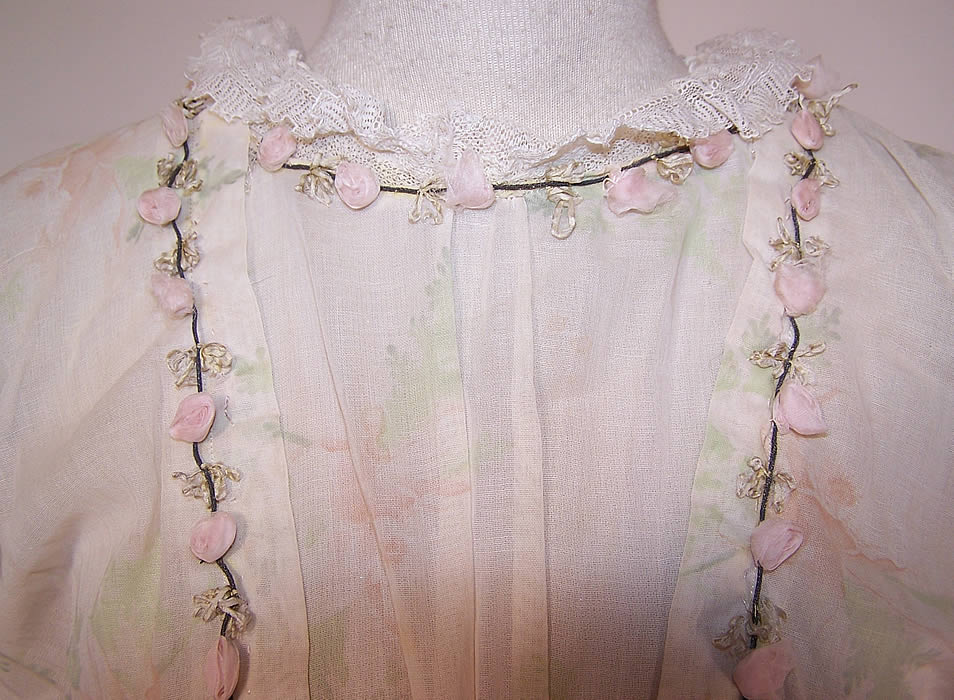 Edwardian Titanic Pink Rose Print Batiste Silk Ribbon Rosette Hobble Skirt Dress extreme close up.
