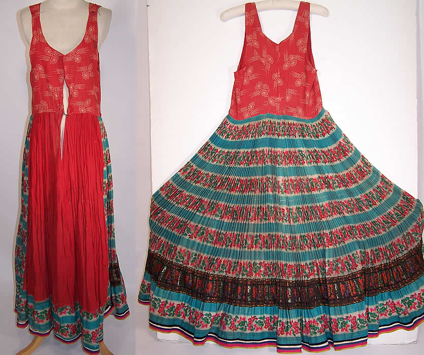 Vintage Hungarian Folk Costume Floral Pleated Wool Ribbon Skirt Jumper Pinafore Dress front views