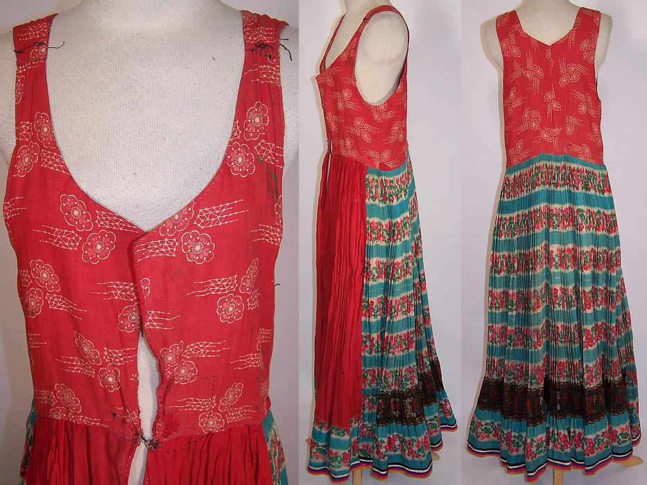 Vintage Hungarian Folk Costume Floral Pleated Wool Ribbon Skirt Jumper Pinafore Dress close up, side view & back view