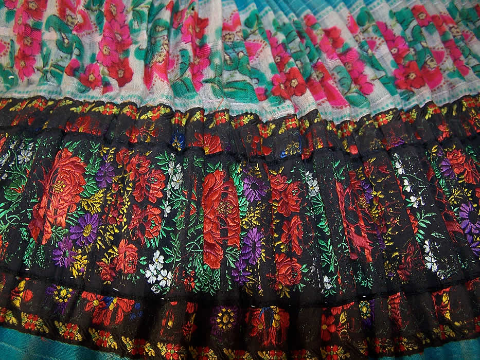 Vintage Hungarian Folk Costume Floral Pleated Wool Ribbon Skirt Jumper Pinafore Dress close up.