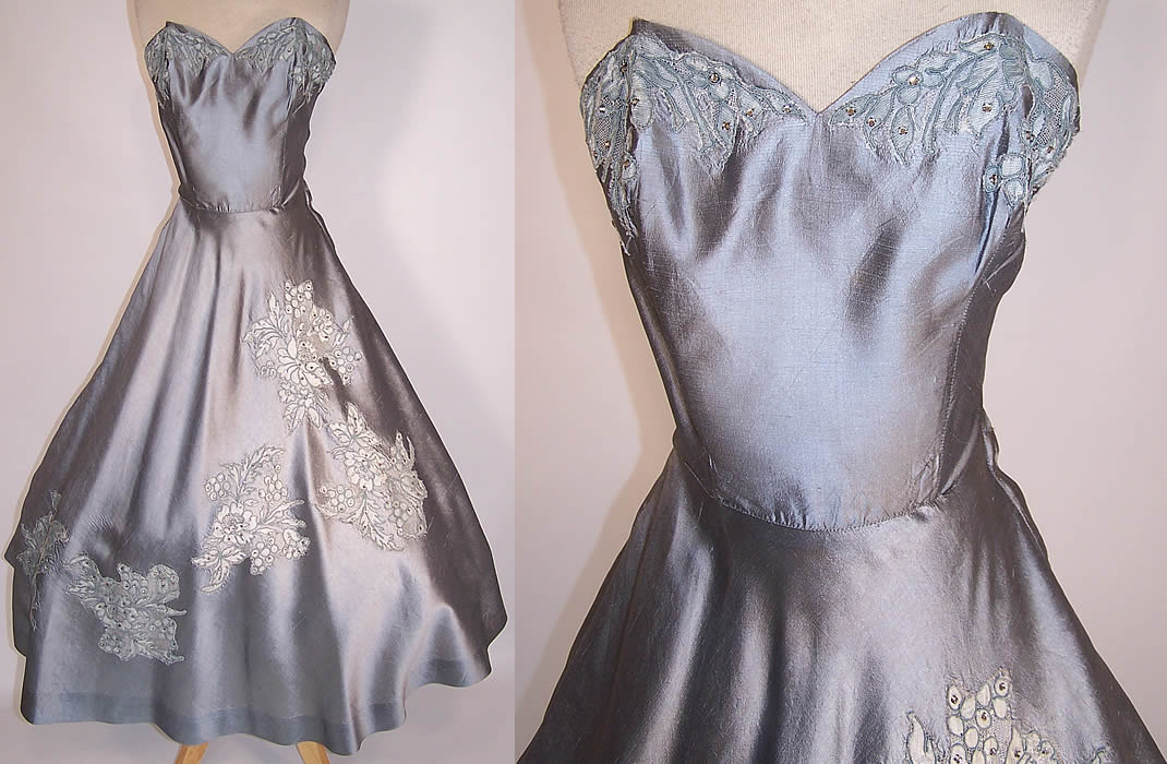 Vintage Silver Gray Silk Lace Applique Rhinestone Circle Skirt Strapless Dress front view & close up