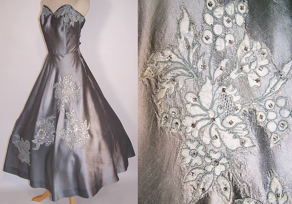 Vintage Silver Gray Silk Lace Applique Rhinestone Circle Skirt Strapless Dress side view & close up 