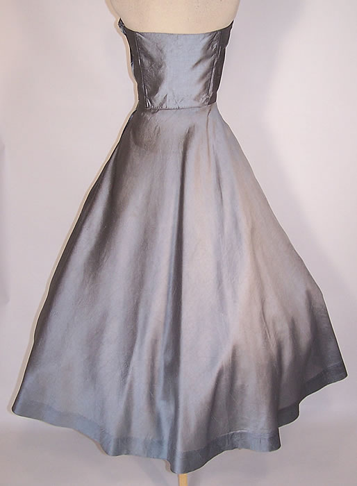 Vintage Silver Gray Silk Lace Applique Rhinestone Circle Skirt Strapless Dress back view.