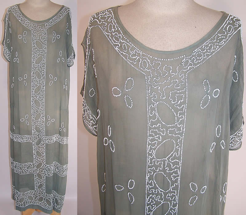 Vintage Teal Blue Gray Cotton Muslin White Beaded Drop Waist Shift Dress